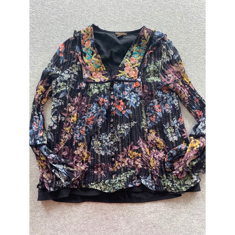 Vineet Bahl Floral Embroidered Metallic Stripe Blouse Black Multi Long Sleeve S